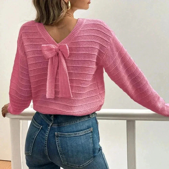 Hot Pink Casual Women's Minimalist Bow Decor Crew Neck Sweater - Picture 2 of 6